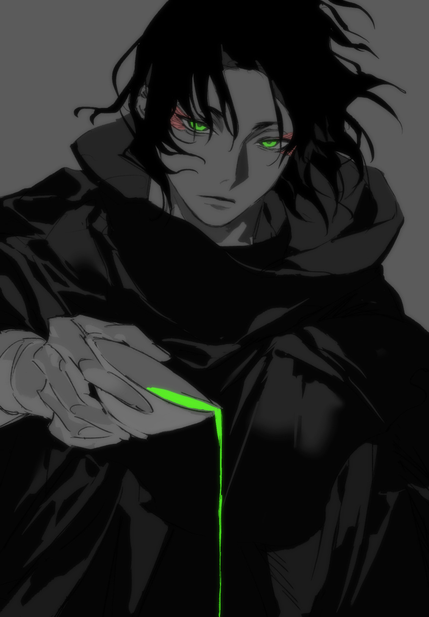 1boy, bowl, chinese_commentary, cloak, commentary, expressionless, eyeshadow, forehead