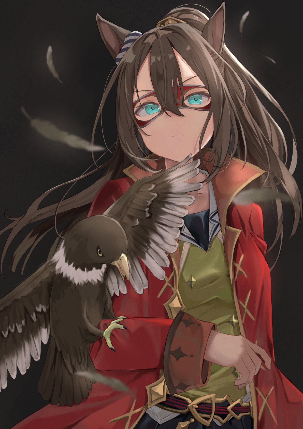 1girl, animal_ears, bird, blue_eyes, blue_skirt, breasts, brown_hair, closed_mouth