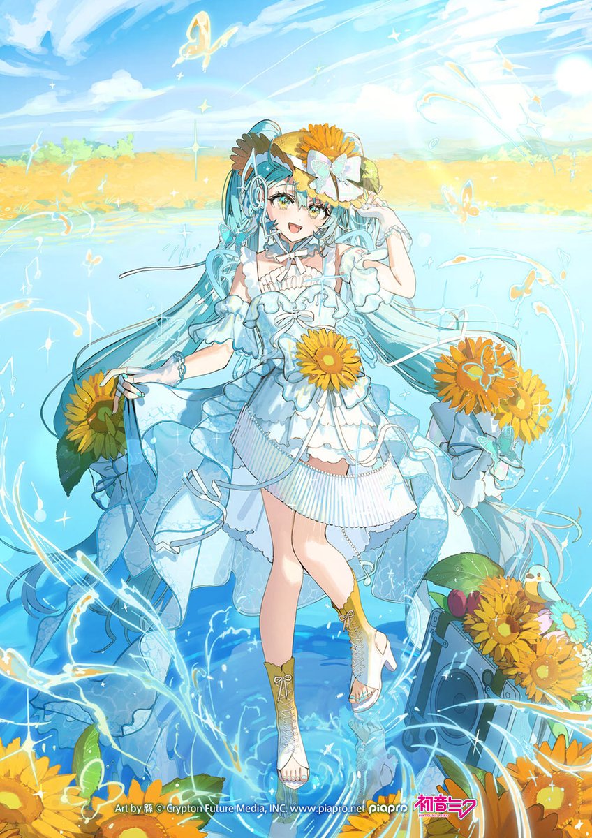 1girl, :d, aqua_eyes, aqua_hair, aqua_nails, bare_shoulders, beamed_eighth_notes, bird