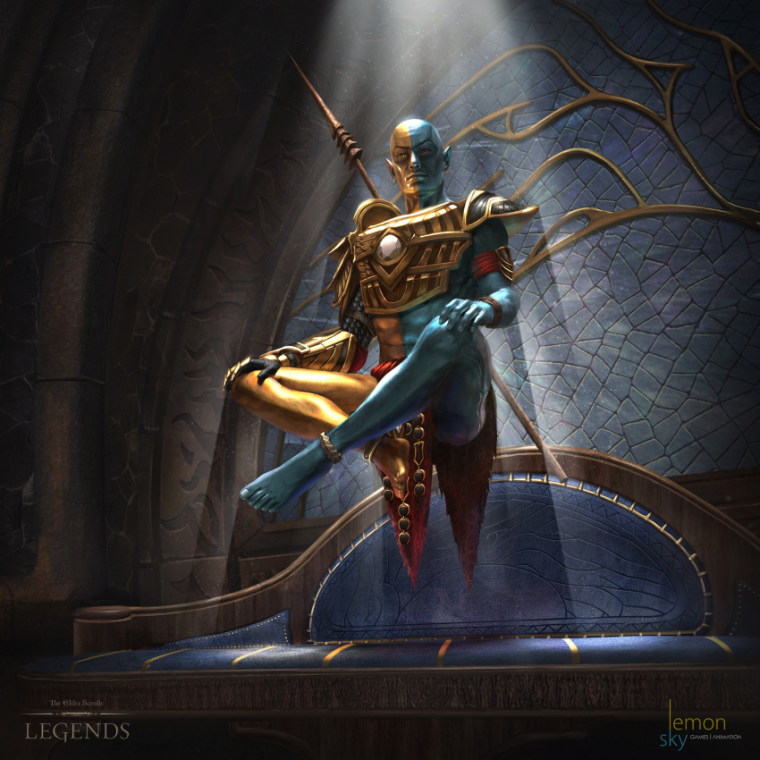 1boy, armband, armor, bald, barefoot, colored_skin, commentary, couch, crossed_legs, dunmer, english_commentary, floating, gauntlets, gold_armor, gold_skin, grey_skin, highres, indoors, levitation, light_rays, logo, muatra_(spear), official_art, pointy_ears, polearm, red_armband, red_eyes, red_loincloth, shoulder_armor, single_gauntlet, spear, the_elder_scrolls, the_elder_scrolls:_legends, the_elder_scrolls_iii:_morrowind, tjfoo, vivec_(elder_scrolls), weapon, yellow_eyes