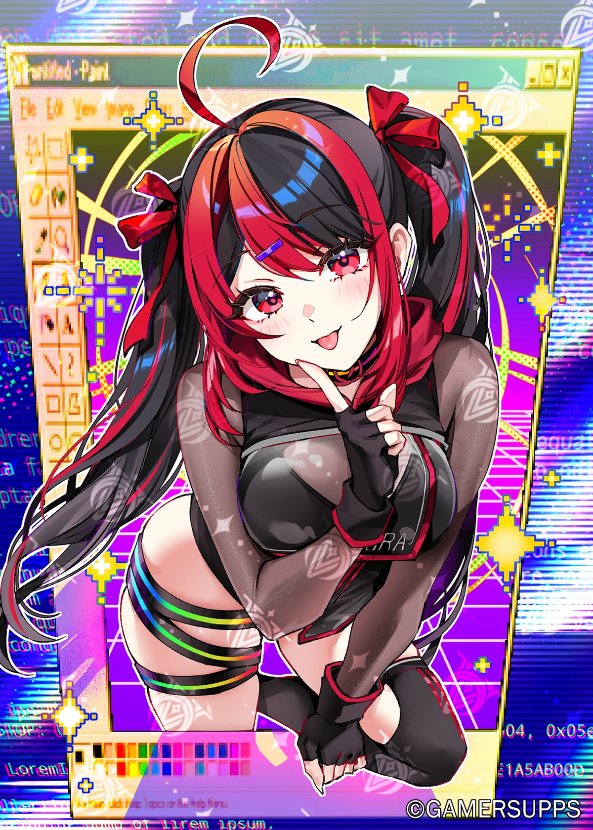 1girl, ahoge, bare_hips, bare_shoulders, black_hair, black_leotard, black_thighhighs, breasts
