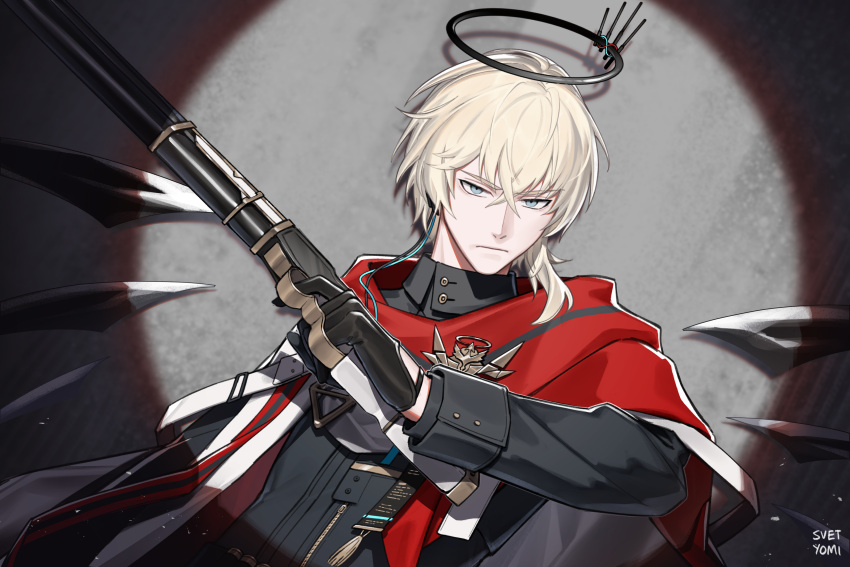 1boy, absurdres, arknights, artist_name, black_gloves, black_halo, black_jacket, blonde_hair