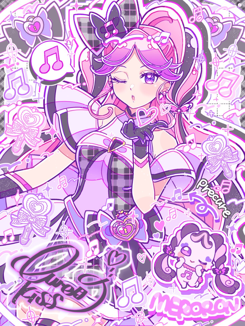 1girl, ;o, arrow_(symbol), beamed_eighth_notes, black_bow, black_dress, black_gloves, black_hair