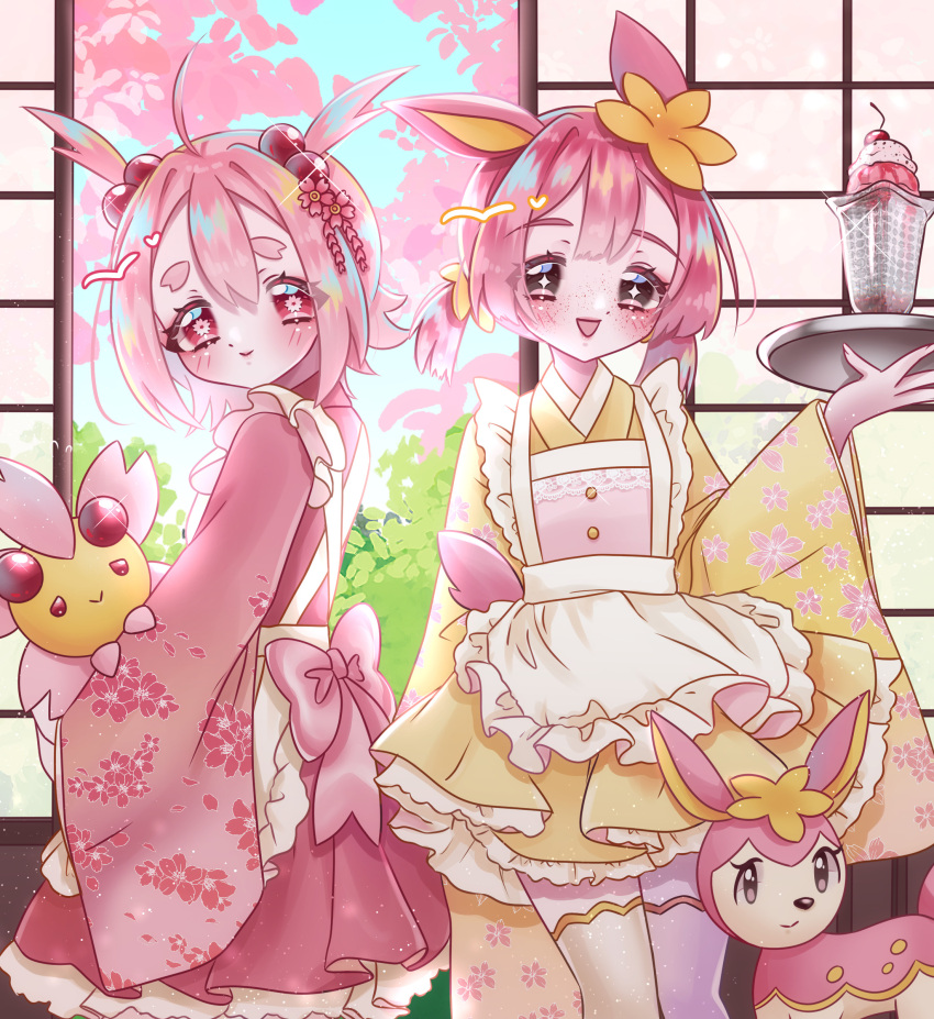 2girls, absurdres, animal_ears, apron, blush, cherrim, cherrim_(sunshine), cherry_blossoms