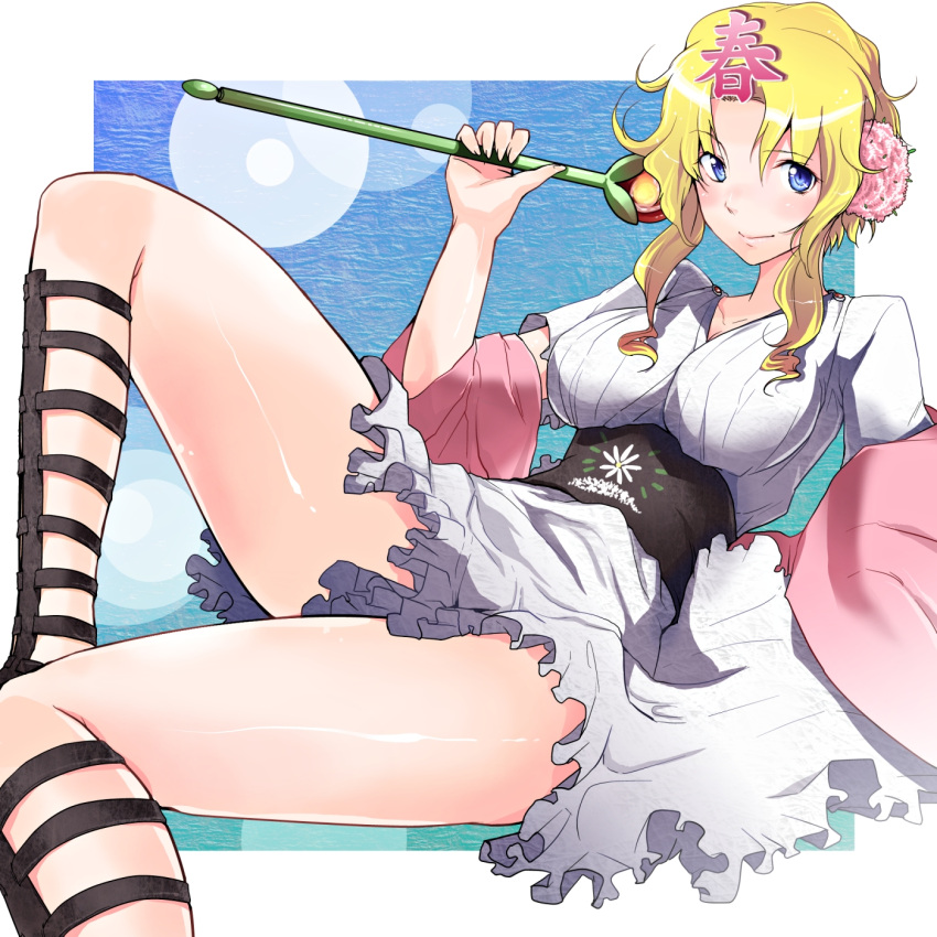 ankle_lace-up, blonde_hair, blue_eyes, blush, breasts, cross-laced_footwear, flower, garakuta, hair_flower, hair_ornament, haru-chan, highres, japanese_clothes, nippon_housou_kyoukai, obi, smile, solo, thighs
