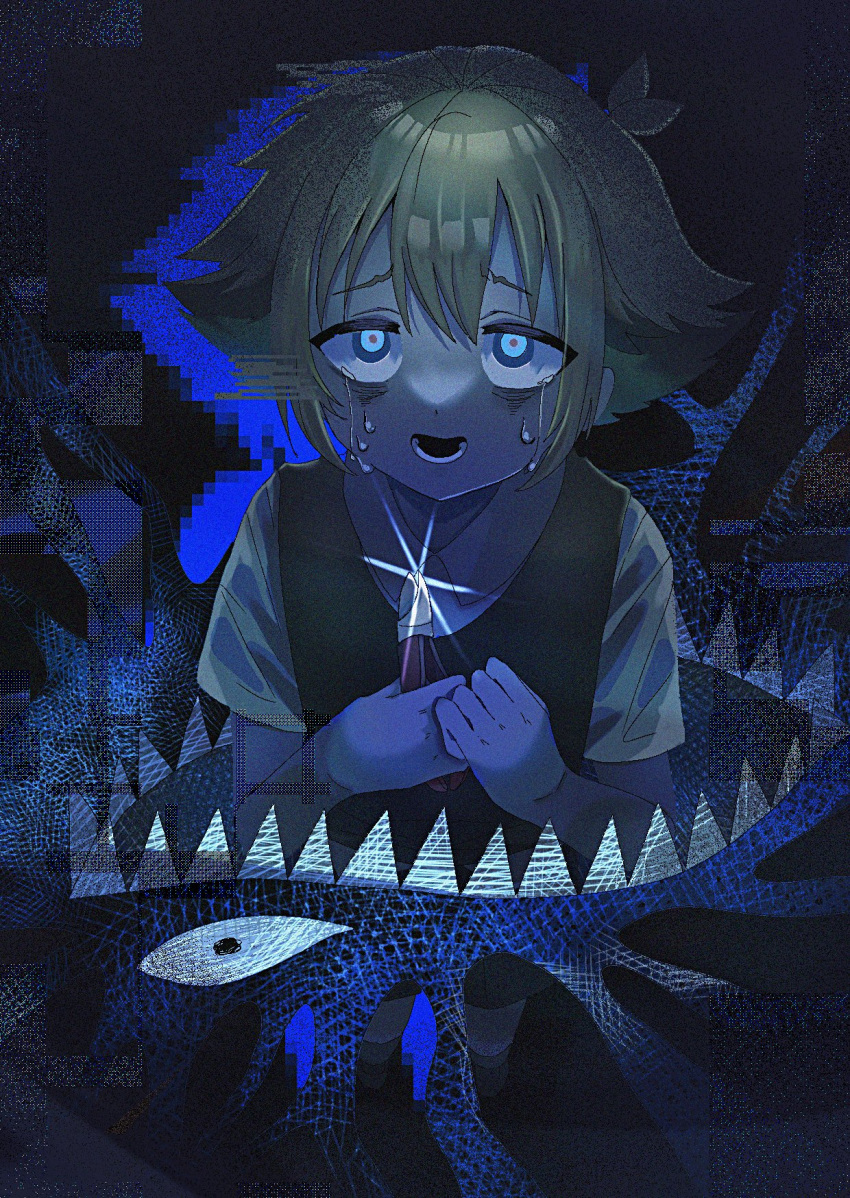 1boy, antenna_hair, asaoka_born14, basil_(faraway)_(omori), basil_(omori), blonde_hair, blue_eyes, collared_shirt