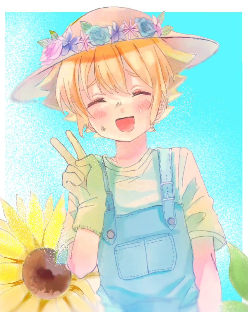 1boy, absurdres, alternate_costume, asaoka_born14, basil_(faraway)_(omori), basil_(omori), blonde_hair, blue_overalls