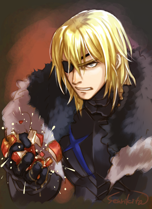 1boy, apple, armor, blonde_hair, blue_eyes, commentary, crushing_food, dimitri_alexandre_blaiddyd