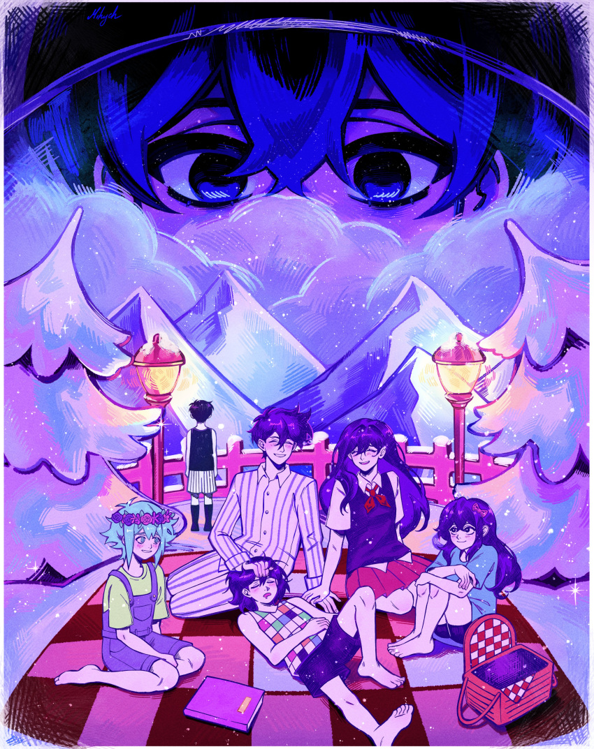 2girls, 5boys, absurdres, antenna_hair, arms_at_sides, aubrey_(headspace)_(omori), aubrey_(omori), barefoot