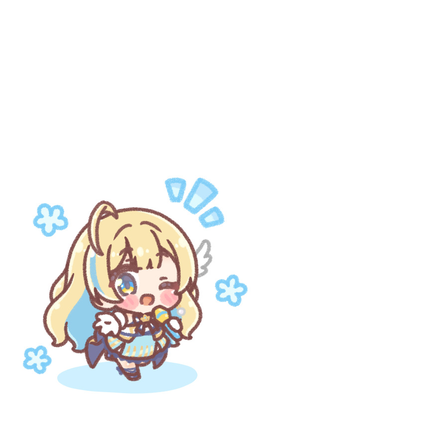 1girl, ;d, ahoge, blonde_hair, blue_eyes, blue_hair, blue_skirt, blush_stickers