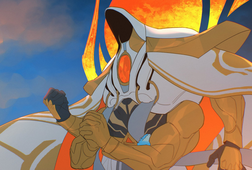 angel, armor, cape, commentary, english_commentary, extra_arms, faceless, faceless_hood, francisxie, highres, michael_(ultrakill), praying, sky, ultrakill