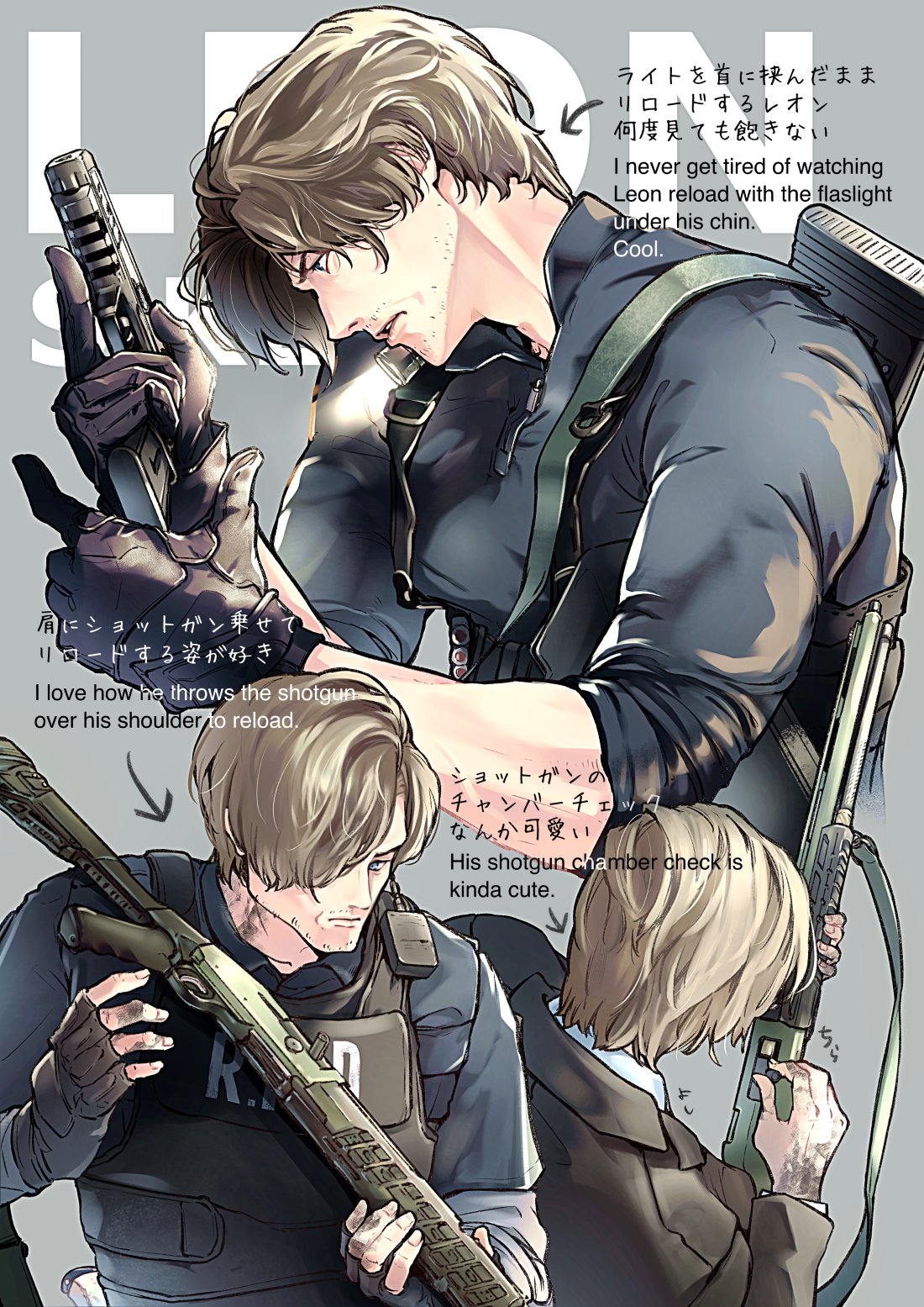 1boy, beard_stubble, black_gloves, blonde_hair, brown_hair, bulletproof_vest, character_name, english_text, facial_hair, fingerless_gloves, flashlight, gloves, grey_background, gun, gun_on_back, hair_over_one_eye, handgun, highres, holding, holding_flashlight, holding_gun, holding_weapon, leon_s._kennedy, likeaport, male_focus, multiple_views, parted_bangs, reloading, resident_evil, short_hair, shotgun, solo, stubble, translated, upper_body, weapon, weapon_on_back