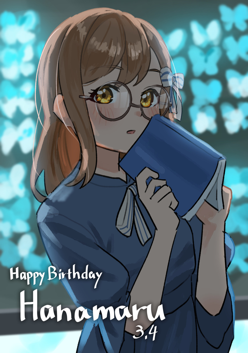 1girl, absurdres, blue_bow, blue_dress, blurry, blurry_background, blush, book
