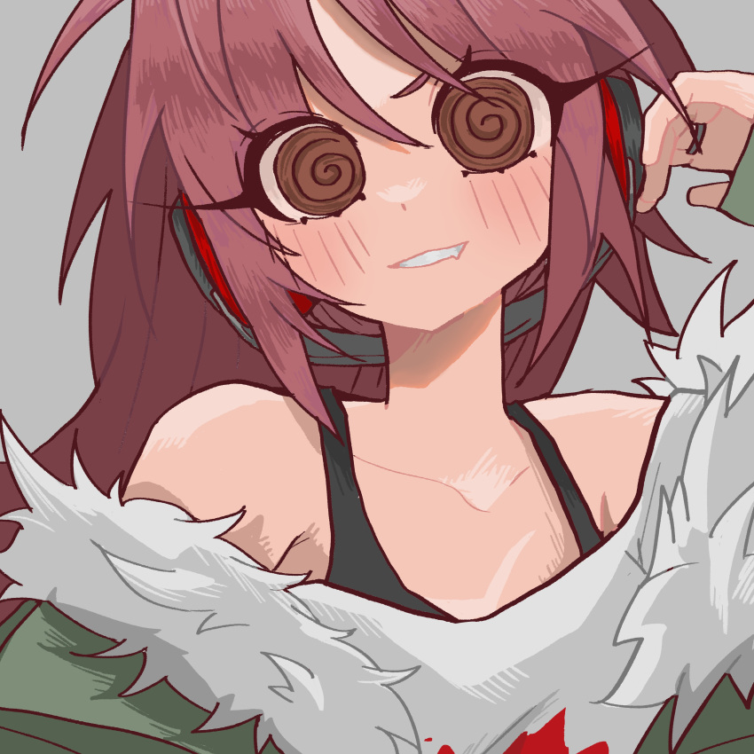 1girl, @_@, absurdres, blush, bra_strap, brown_eyes, collarbone, cosplay