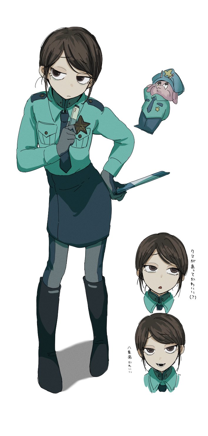 1girl, ajino_(mmh444_nu), aqua_shirt, black_boots, blue_necktie, blue_skirt, boots, breast_pocket