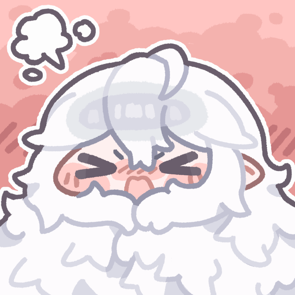>_<, 1girl, ahoge, angry, blush, closed_eyes, commentary_request, ed_(trickcal), long_hair, monyami, open_mouth, outline, pink_background, solo, trickcal, very_long_hair, white_hair, white_outline
