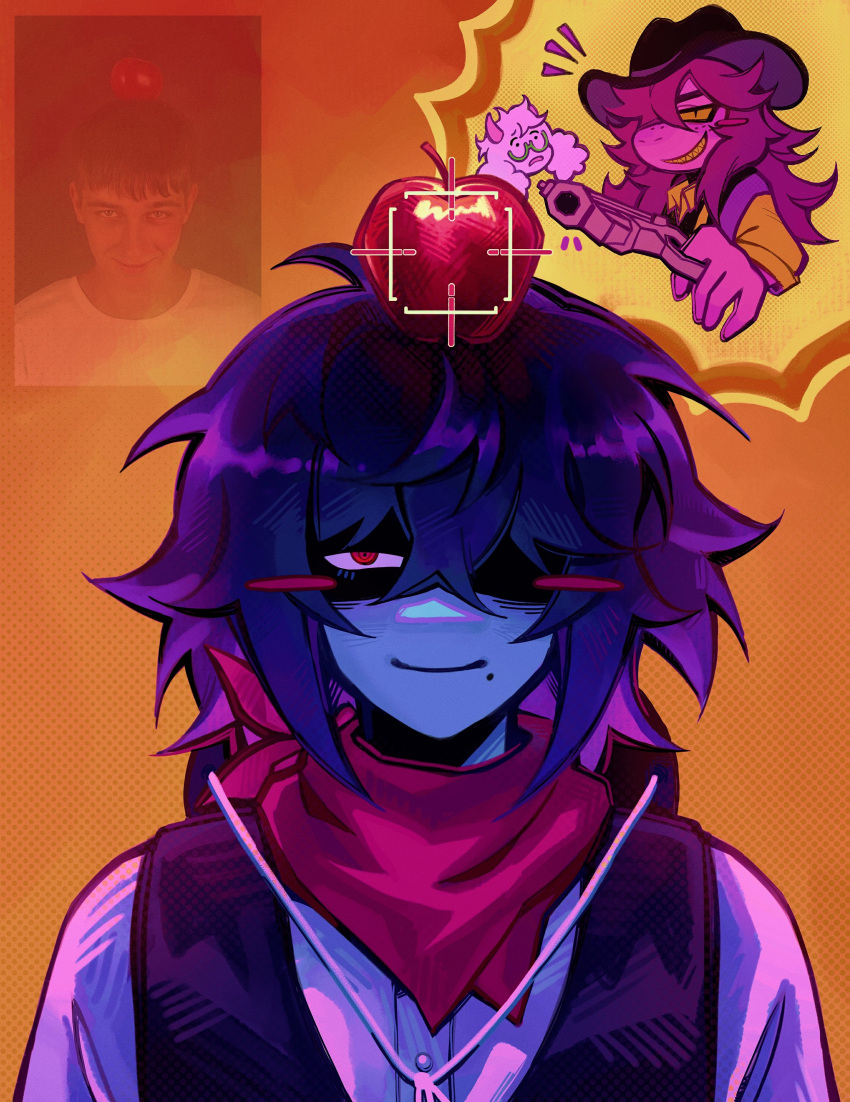 1boy, 1girl, 1other, absurdres, androgynous, antenna_hair, apple, apple_on_head