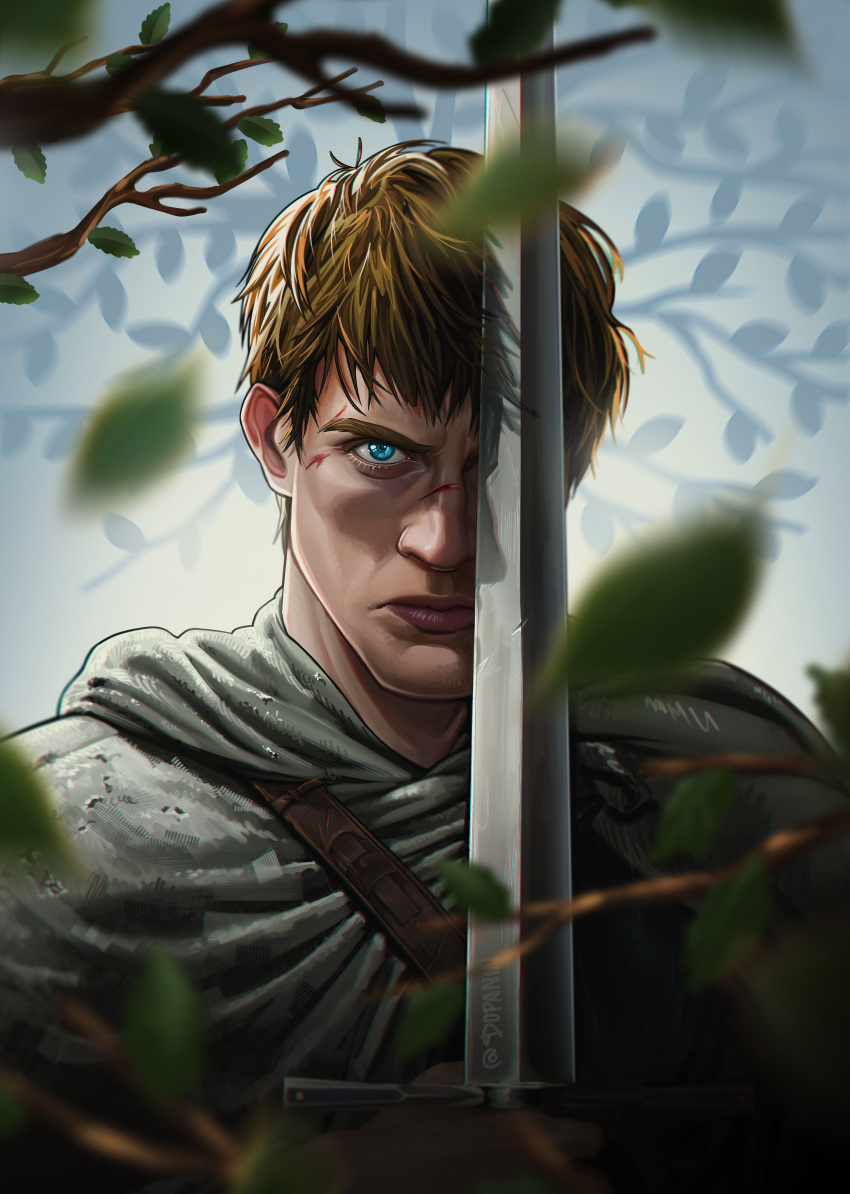 1boy, a_knight_of_the_seven_kingdoms, a_song_of_ice_and_fire, absurdres, blood, blood_on_face, blue_eyes, blurry