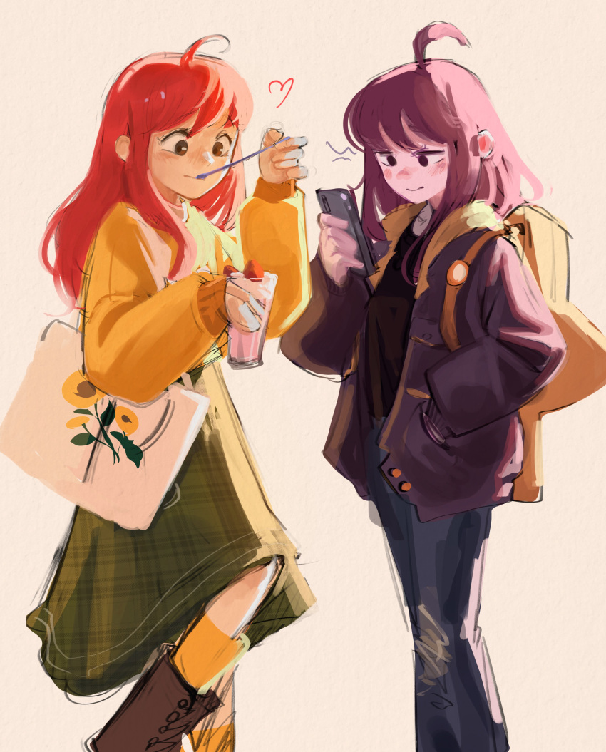 2girls, absurdres, ahoge, backpack, badeline, badge, bag, black_shirt