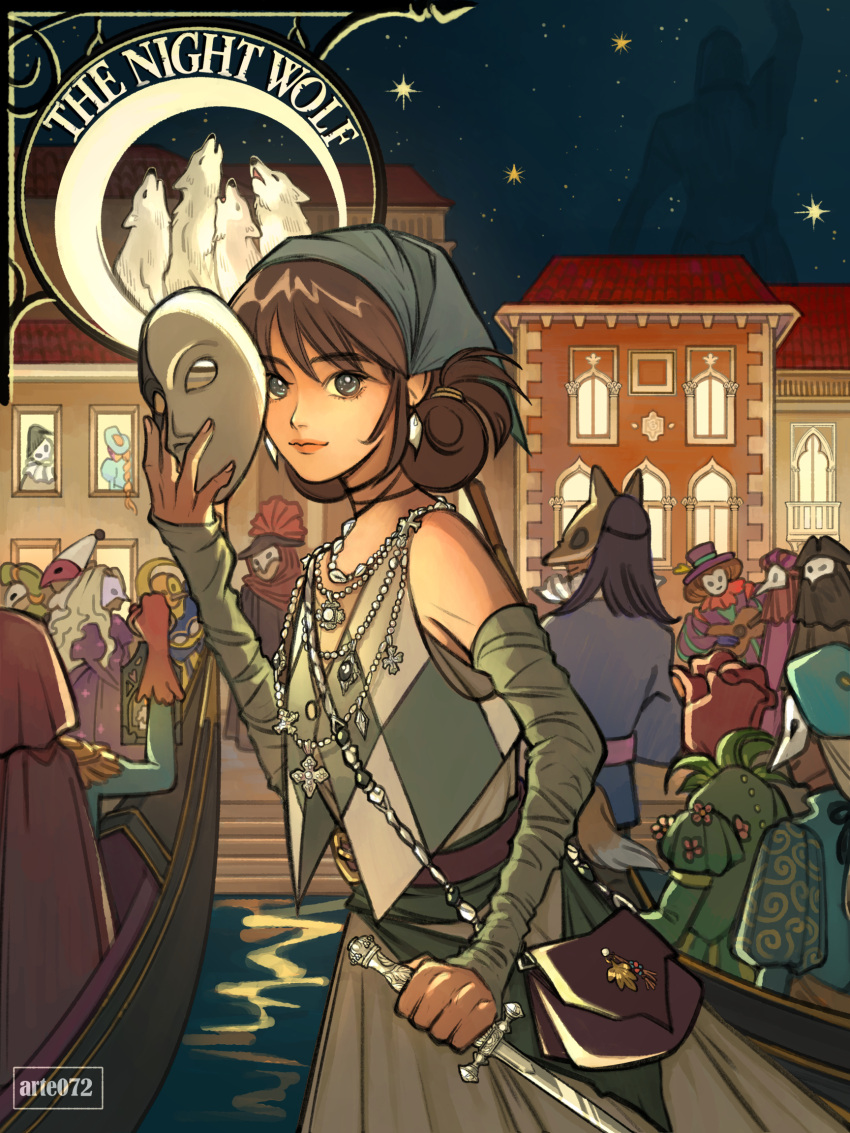 a_song_of_ice_and_fire, arte072, artist_name, arya_stark, bag, bare_shoulders, blue_hat, breasts, brown_hair, closed_mouth, colossus, commentary, cowboy_shot, detached_sleeves, earrings, english_commentary, ferry_(ship), fox_mask, grey_hair, grey_scarf, grey_sleeves, hat, headscarf, highres, holding, holding_mask, holding_sword, holding_weapon, jewelry, long_hair, looking_at_viewer, mask, masquerade, masquerade_mask, necklace, outdoors, scarf, shell, shell_necklace, shoulder_bag, small_breasts, sword, updo, walking, weapon, wolf
