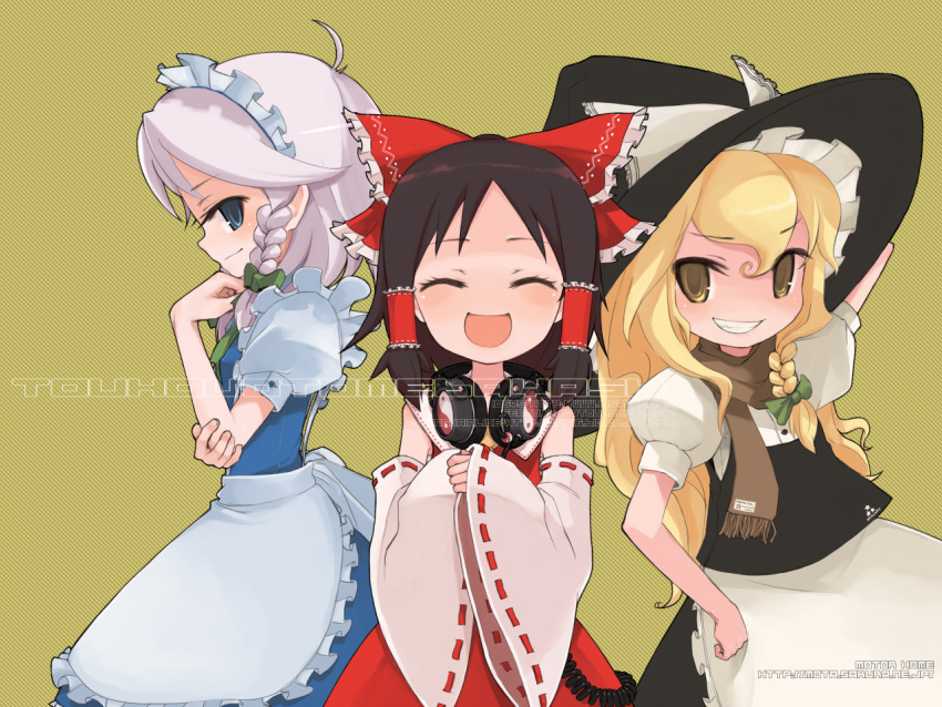blush, bow, braids, dress, hakurei_reimu, headphones, headphones_around_neck, iosys
