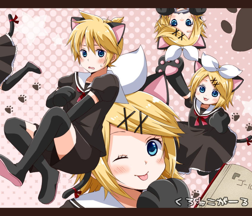 animal_ears, bad_id, blonde_hair, blush, brother_and_sister, cat_costume, cat_ears, cat_paws, cat_tail, kagamine_len, kagamine_rin, kininaru_ano_musume_ha_kuroneko_gaaru_(vocaloid), paws, short_hair, siblings, tail, thighhighs, usako_(meco), vocaloid