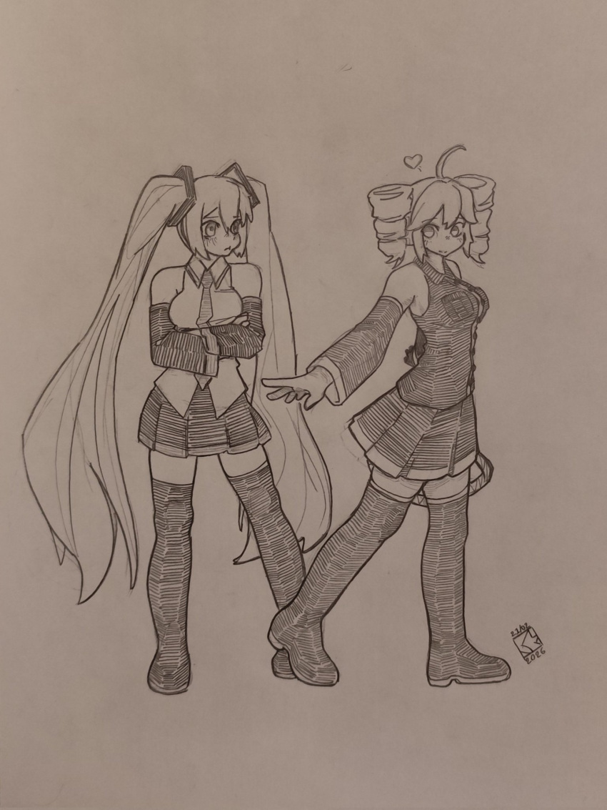2girls, bare_shoulders, black_skirt, black_sleeves, closed_mouth, cosplay, detached_sleeves, drill_hair, graphite_(medium), greyscale, hair_between_eyes, hatsune_miku, hatsune_miku_(cosplay), highres, kasane_teto, long_hair, looking_at_viewer, monochrome, multiple_girls, necktie, photo_(medium), sergent_magnom, shirt, simple_background, sketch, skirt, sleeveless, sleeveless_shirt, smile, traditional_media, twintails, very_long_hair, vocaloid