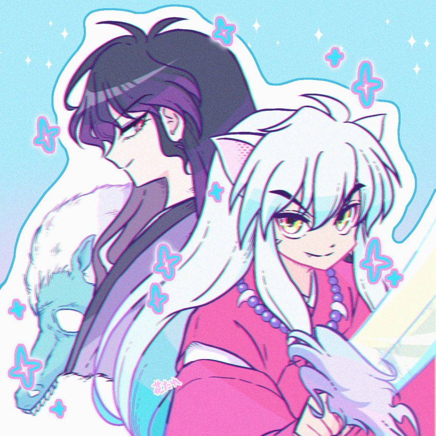 2boys, animal_ears, bead_necklace, beads, black_hair, blue_background, closed_mouth, commentary