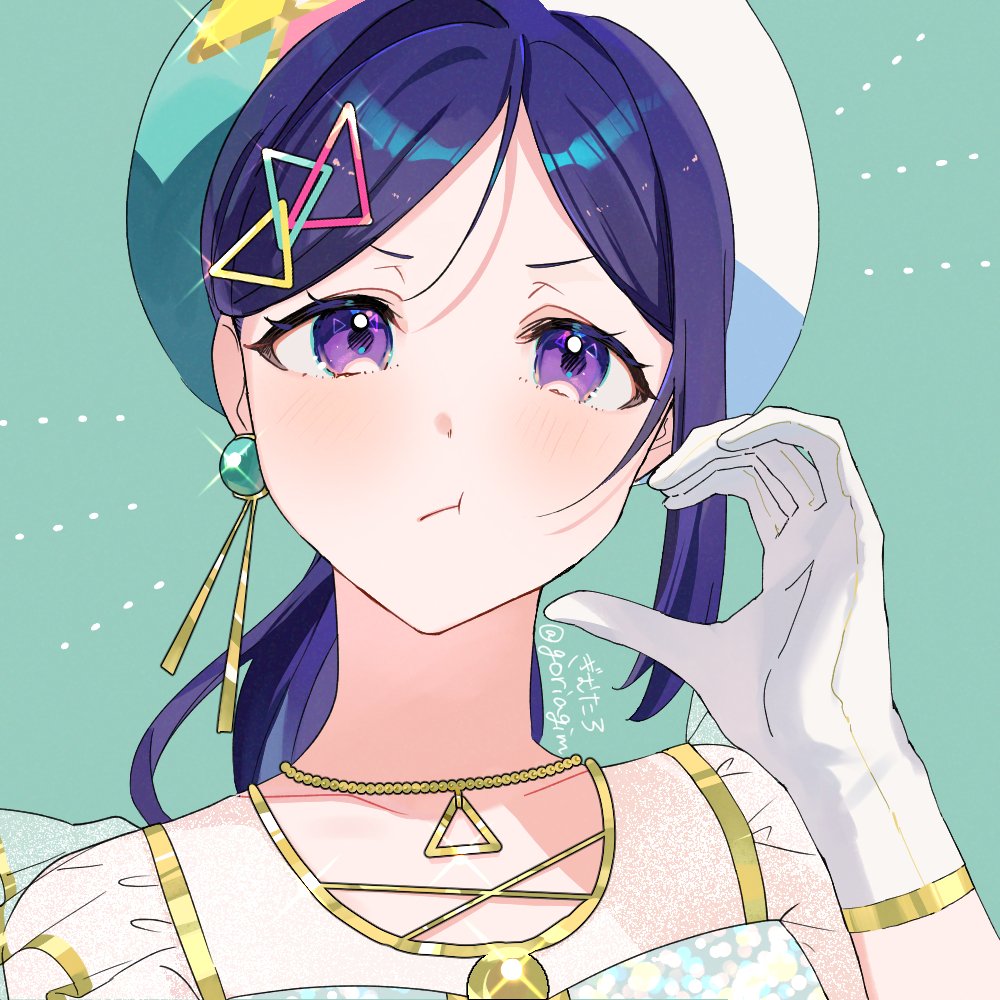 1girl, :t, aqua_background, aqua_hat, artist_name, closed_mouth, collarbone, commentary_request