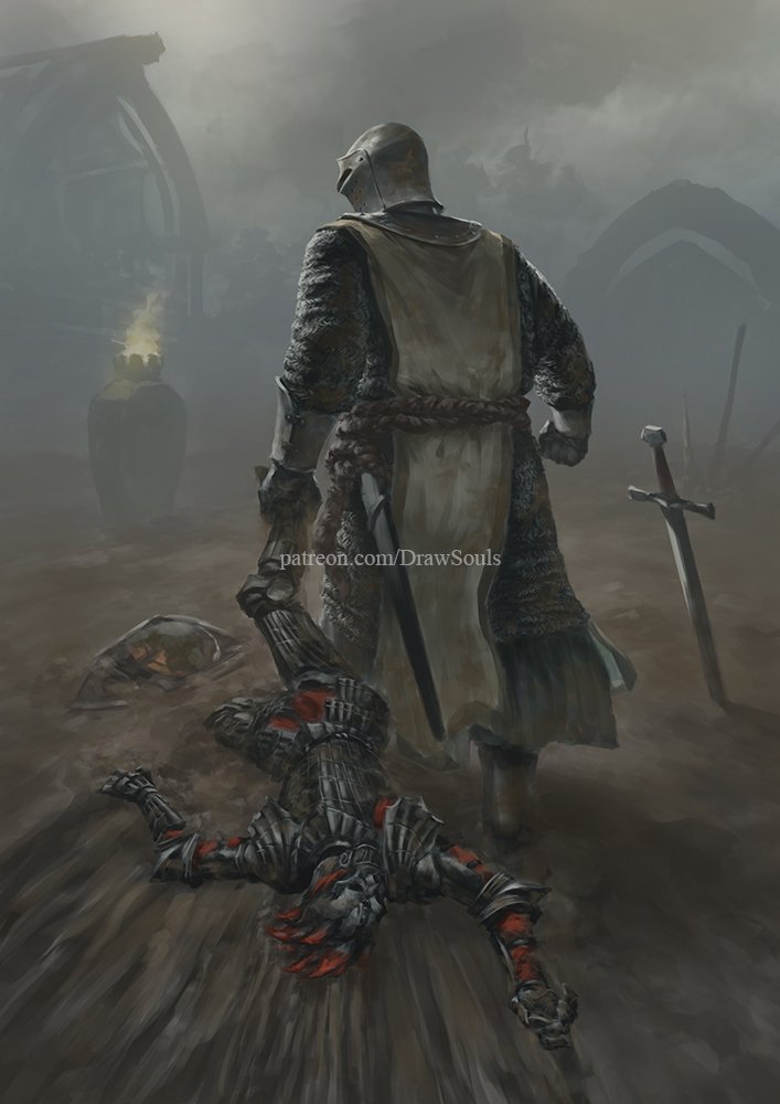 2boys, a_knight_of_the_seven_kingdoms, a_song_of_ice_and_fire, aerion_targaryen, armor, artist_name, chainmail, commentary, dirt, dragging, draw_souls, duncan_the_tall, english_commentary, fog, from_behind, full_armor, full_body, gauntlets, helmet, male_focus, multiple_boys, outdoors, overcast, patreon_username, planted, planted_sword, sheath, shield, sky, sword, watermark, weapon, web_address