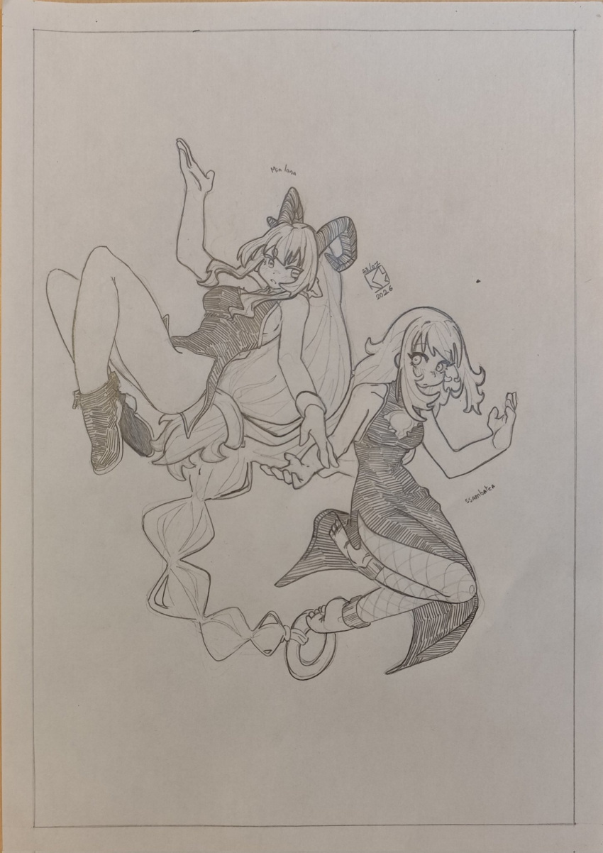 2girls, animal_ears, black_dress, black_horns, blonde_hair, bolt_(min_lona), breasts, bug