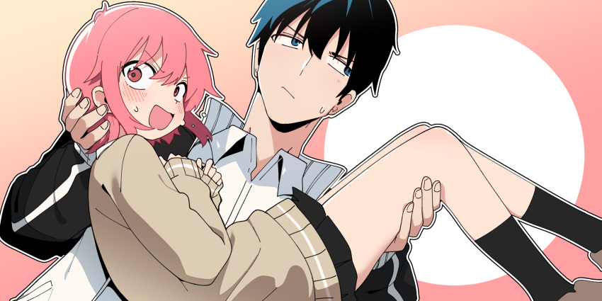 1boy, 1girl, black_hair, black_jacket, black_socks, blue_eyes, blush, bural_chingu