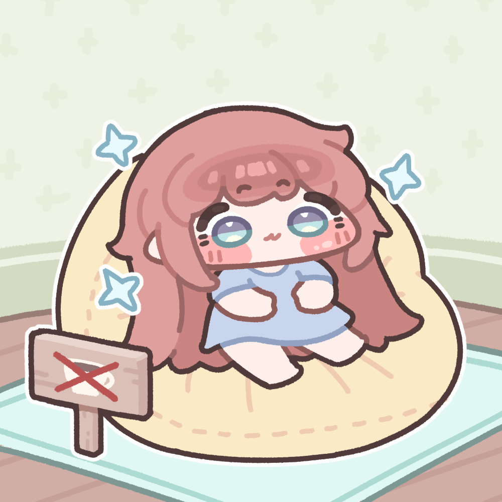 1girl, bean_bag, bean_bag_chair, blue_eyes, blush_stickers, chibi, chibi_only, closed_mouth