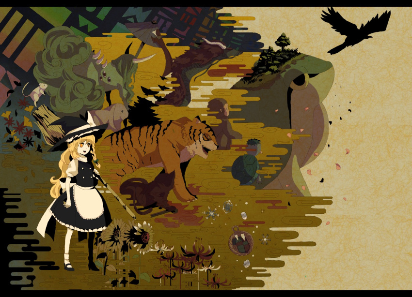 bird, blonde_hair, braid, broom, bunny, dragon, flower, frog