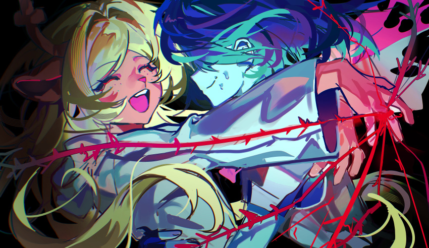 0916psy, 1girl, 1other, absurdres, blonde_hair, blue_hair, blue_skin, closed_mouth