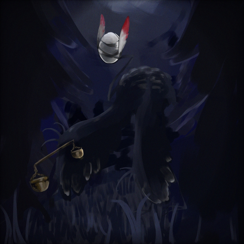 absurdres, balance_scale, bandages, black_wings, commentary_request, facing_viewer, forest, grass