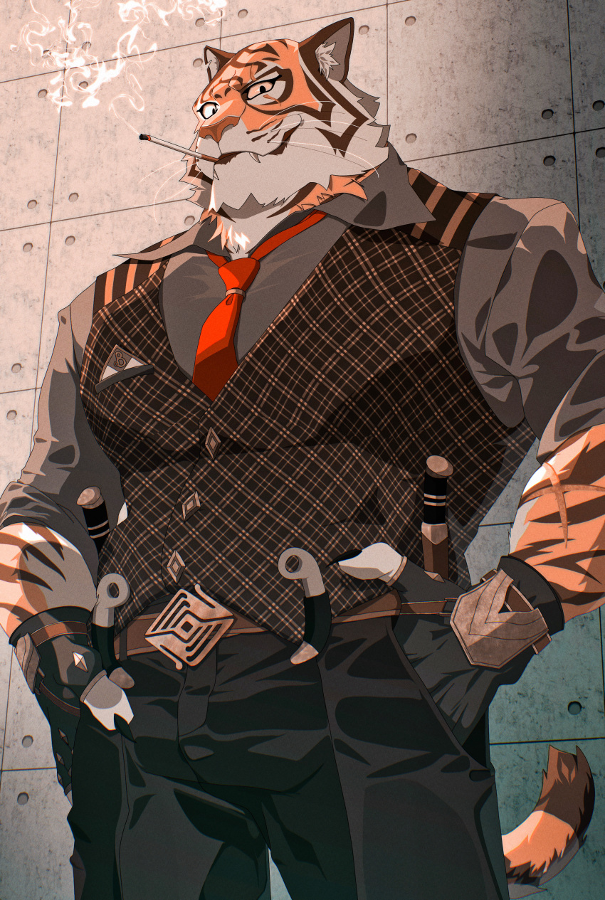 1boy, absurdres, animal_ears, black_gloves, black_pants, brown_vest, cigarette, claws, closed_mouth, commentary, fangs, fangs_out, fingerless_gloves, fortnite, from_below, furry, furry_male, gloves, grey_shirt, hands_in_pockets, highres, looking_at_viewer, looking_down, male_focus, necktie, oscar_(fortnite), pants, red_necktie, scar, scar_across_eye, scar_on_face, shirt, smile, smoke, smoking, tail, tiger_boy, tiger_ears, tiger_stripes, tiger_tail, toro402, vest, whiskers