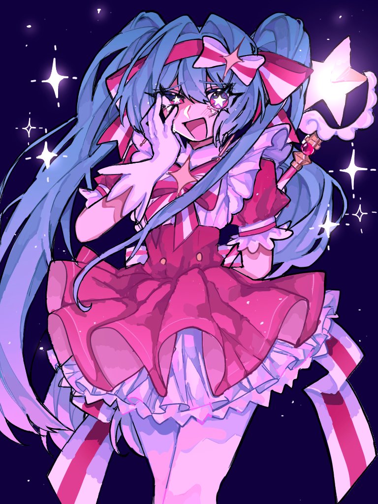 1girl, arm_behind_back, blue_hair, bow, bowtie, commentary, dress, frilled_dress