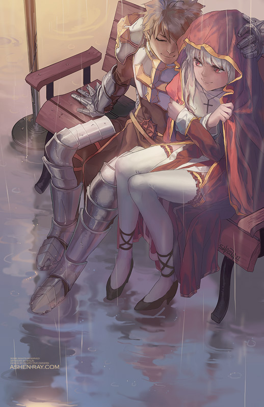 1girl, armor, bench, cloak, couple, high_priest, lord_knight, ragnarok_online