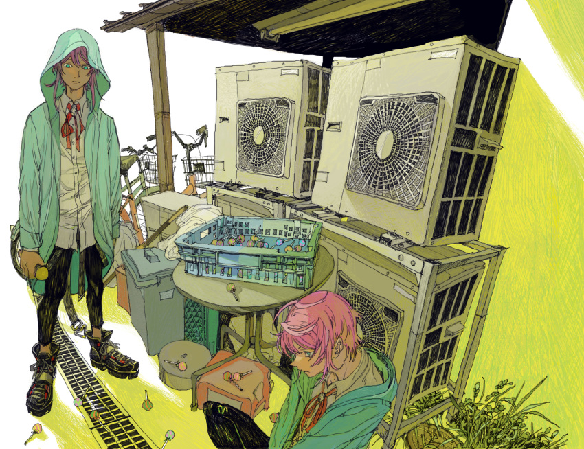 2boys, ahoge, amemura_ramuda, ankle_boots, arms_at_sides, awning, bicycle, bicycle_basket