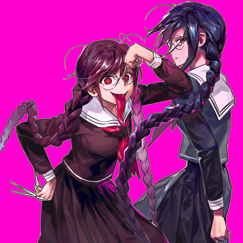 2girls, absurdres, braid, collared_shirt, commentary_request, danganronpa:_trigger_happy_havoc, danganronpa_(series), dual_persona