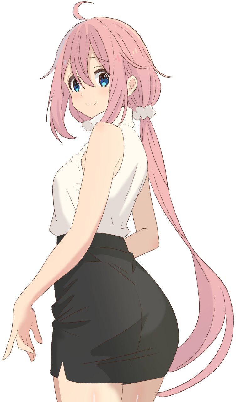 1girl, ahoge, ass, bare_shoulders, black_skirt, blue_eyes, cowboy_shot, from_behind, hair_ornament, hair_scrunchie, highres, himahari_neru, kagamihara_nadeshiko, long_hair, looking_at_viewer, looking_back, pencil_skirt, pink_hair, scrunchie, shirt, simple_background, skirt, smile, twintails, very_long_hair, white_background, white_scrunchie, yurucamp