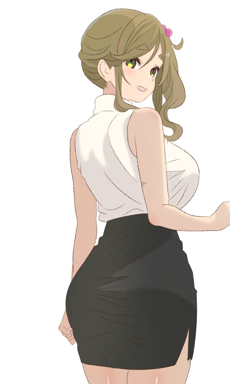 1girl, ass, bare_shoulders, black_skirt, brown_hair, cowboy_shot, fang, from_behind