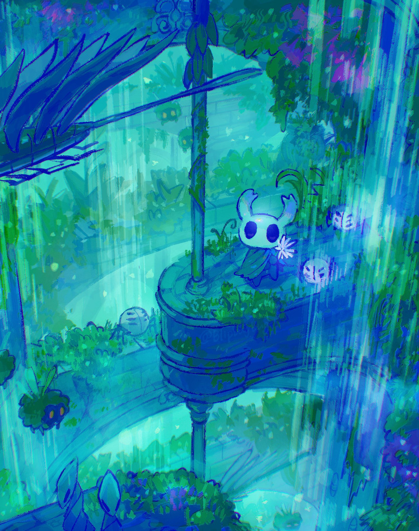 1other, anniversary, black_eyes, blipbugbug, bug, commentary, english_commentary, flying, from_above, highres, hollow_knight, horns, in-universe_location, knight_(hollow_knight), looking_at_viewer, other_focus, water, waterfall