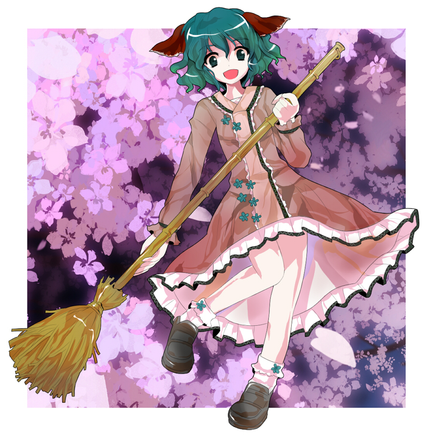 :d, alphes_(style), animal_ears, bamboo_broom, bobby_socks, broom, dress, floral_background