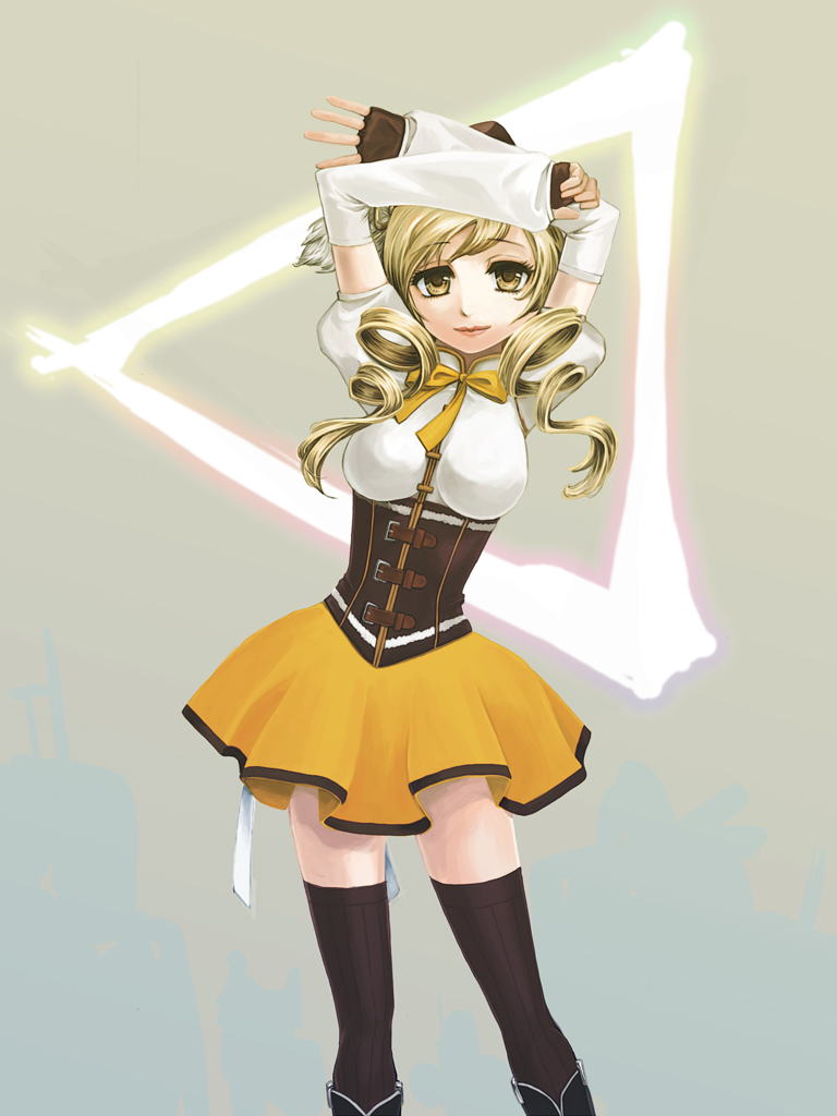 arms_over_head, arms_up, beret, blonde_hair, boots, breasts, corset, detached_sleeves