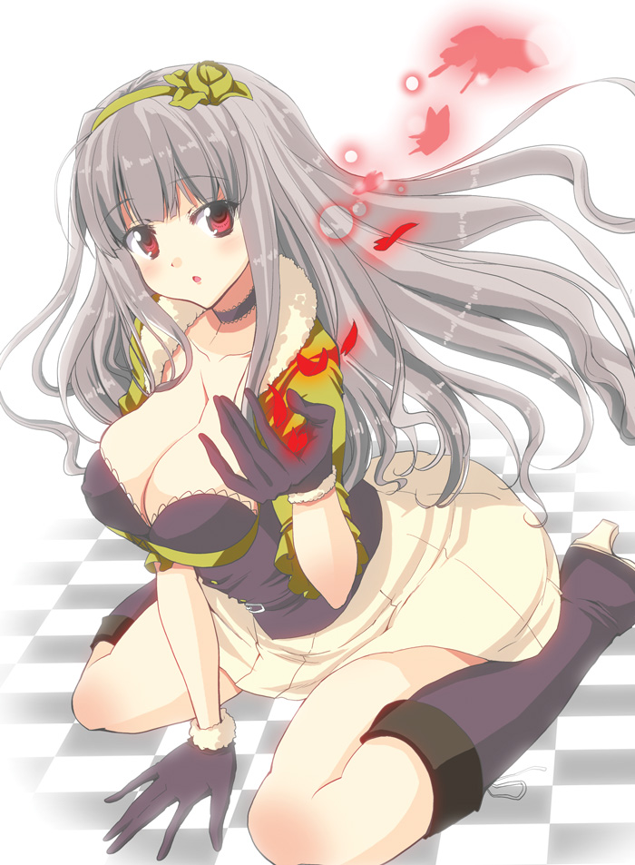 between_legs, breasts, butterfly, checkered, checkered_floor, choker, cleavage, flower
