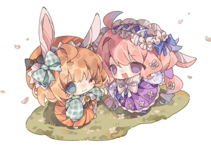 2girls, :3, :d, ahoge, animal_ears, aqua_eyes, blonde_hair, blush