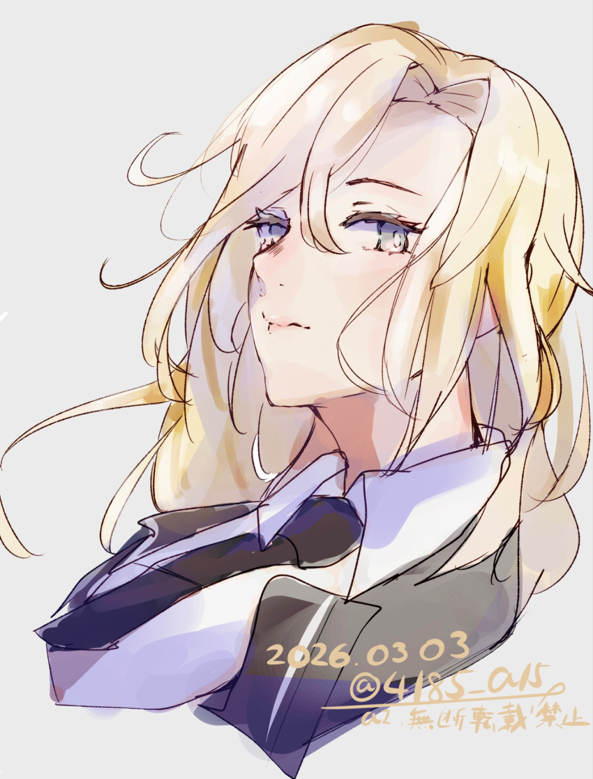 artist_name, black_jacket, black_necktie, blonde_hair, commentary_request, dated, grey_background, grey_eyes