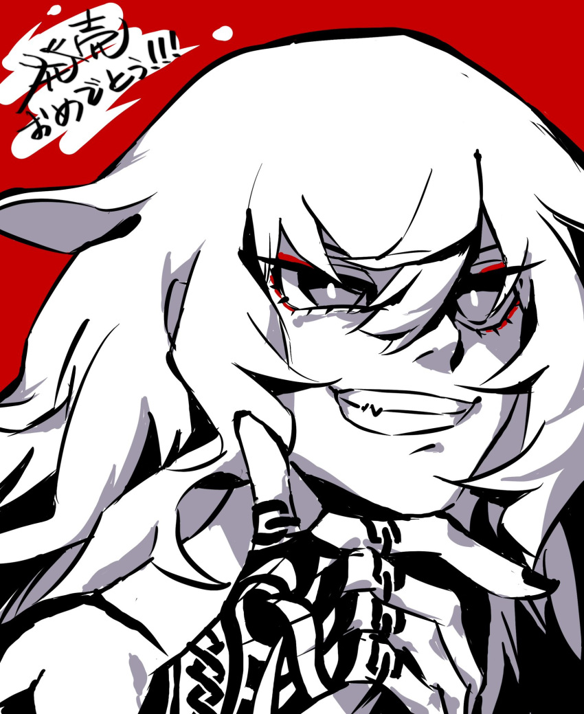 1girl, bare_shoulders, bright_pupils, commentary, english_commentary, eyeshadow, finger_tattoo, guernica_(p5t), hair_between_eyes, hand_on_own_chin, hand_tattoo, harhaha_5, highres, long_hair, makeup, monochrome, persona, persona_5, persona_5_tactica, red_background, red_eyeshadow, shirt, sleeveless, sleeveless_shirt, smile, smirk, solo, spot_color, tattoo, tattoo_sleeve, wavy_hair, white_hair, white_pupils